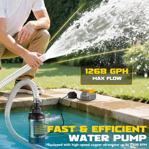 Cordless Submersible Water Pump With 1268 GPH High Flow 100W Motor, portable pump draining pool with high-pressure water stream.