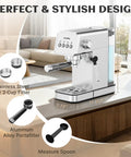 Semi Automatic Espresso Machine With 20 Bar Italian Pump Shooting Thick Rich Crema Paired With A Swift Milk Frother Wand showing stylish design with stainless steel filters.