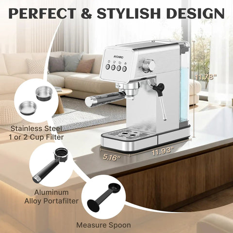 Semi Automatic Espresso Machine With 20 Bar Italian Pump Shooting Thick Rich Crema Paired With A Swift Milk Frother Wand showing stylish design with stainless steel filters.