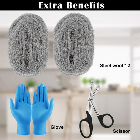 2 Pack Steel Wool Mice And Rodent Control Kit With Thick Steel Wool Pads For Holes And Gaps, gloves, and scissors