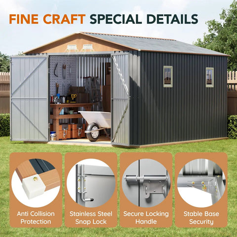 Big Beefy 10x12x7.4Ft Outdoor Storage Shed With Lockable Doors, Windows And Vents, shown open with interior tools, in matte gray.