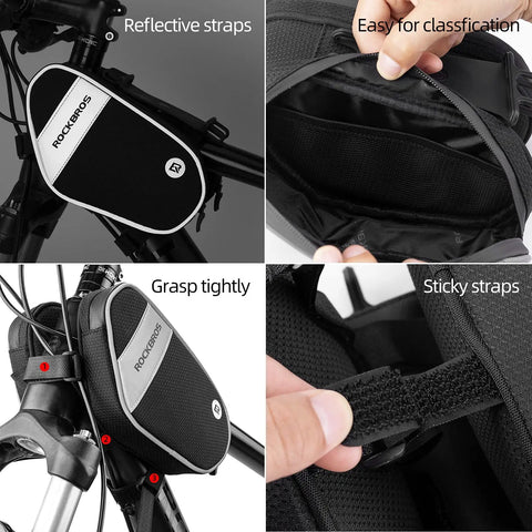 Front Frame Bag With 360 Degree Rotation Phone Holder For Bikes Waterproof Top Tube Pouch Mount For Smartphones Under 7 Inches Easy Access Phone Storage On The Handlebar Lightweight Cycling Accessory showing reflective, sticky, and easy-to-use straps