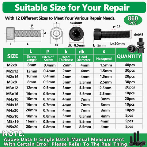 860 Piece Metric Screw Set With M2 M3 M4 M5 Machine Screws, Lock And Flat Washers, 12.9 Grade Alloy Steel, Hex Socket Head Cap Nuts And Bolts, Pro Grade Heavy Duty Includes Four Wrenches For Home, Shop, And DIY Projects