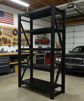 Heavy Duty Multi Tier Storage Rack And Adjustable Metal Shelving Unit For Garage Organization Built Tough With Rock Solid Modular Frame Quick No Sweat Setup Handles 1800 Pounds in black, five-tier design in garage.
