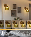 Totally Classic Battery Operated Wall Sconces Set Features Green Tulip Glass And Gold Metal Frame on a hallway wall.