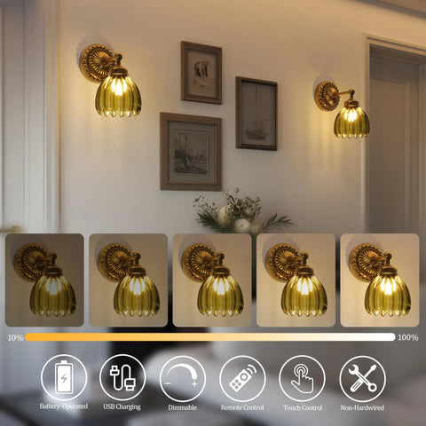 Totally Classic Battery Operated Wall Sconces Set Features Green Tulip Glass And Gold Metal Frame on a hallway wall.