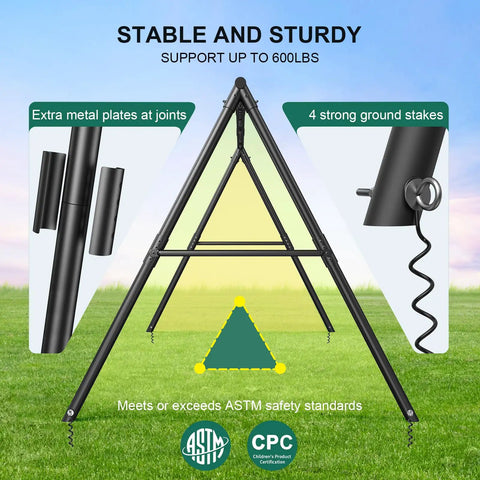 Illustration of Heavy Duty Swing Set With 600Lb Capacity For Backyard Fun, A Frame Metal Swing Set showing joints and ground stakes.