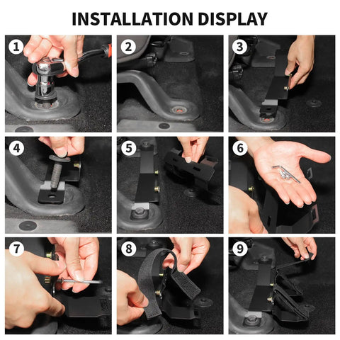 Installation process for Under Front Seat Fire Extinguisher Bracket For Jeep Wrangler JK with adjustable nylon strap