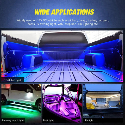 Wide use of Three Piece 60 Inch RGB Truck Bed Light Kit With 270 LED Neon Accent Lighting in truck, boat, and RV examples