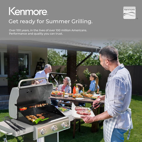 Man grilling on a Three Burner Propane Gas Grill With 30000 BTUs Cast Iron Grates 512 Square Inches Of Total Cooking Surface
