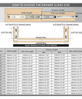 Sizing chart for Heavy Duty Drawer Slides 12 To 40 Inch 51mm Wide With Locking Runners and Smooth Track Glides for cabinets.