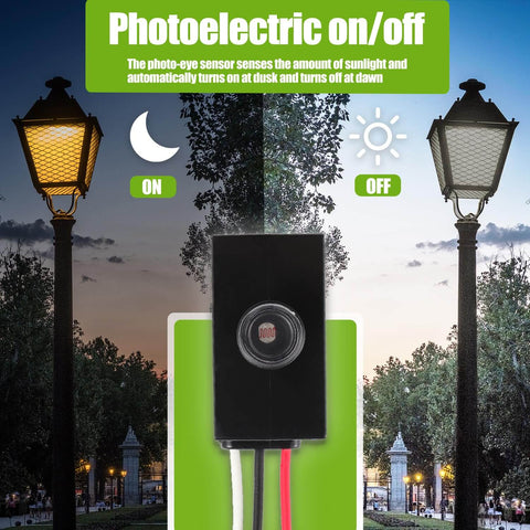 Dusk To Dawn Outdoor Lighting Sensor with Photoelectric Switch Photocell in use on lamp posts, auto on/off based on ambient light