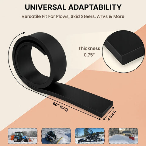 Heavy Duty Rubber Cutting Edge For Snow Plow 60 Inch Wide By 4 Inch High Replacement Blade shown rolled, 0.75 inch thick for plow use.