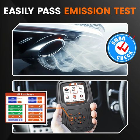 2-In-1 OBD2 Scanner And Battery Tester For Quick Engine Light Diagnosis And Battery Health Check in use, showing emission test passing.