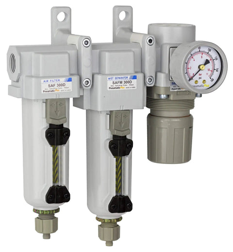 Three Stage Industrial Air Drying System With Particulate Filter, Coalescing Filter, And Regulator, Three Eighth Inch NPT, Metal Bowl With Sight Glass, Manual Drain, And Gauge For 0 To 150 PSI Operation, 17 SCFM At 90 PSI