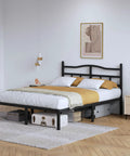 Queen Size Metal Platform Bed Frame In Black With Secure Headboard Heavy Duty Steel Slats Silent Night Support No Box Spring Required, styled in modern bedroom.