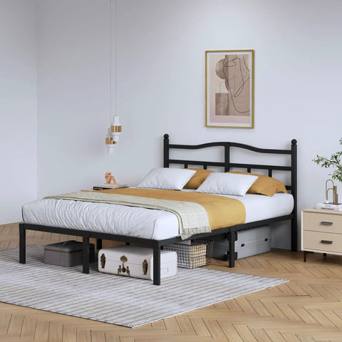 Queen Size Metal Platform Bed Frame In Black With Secure Headboard Heavy Duty Steel Slats Silent Night Support No Box Spring Required, styled in modern bedroom.