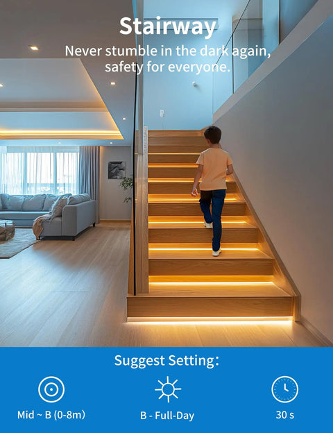 Child walking up LED-lit stairs indoors, illustrating Motion Sensor Outlet With Timer Plug N Play PIR Motion Activated Switch For Lights