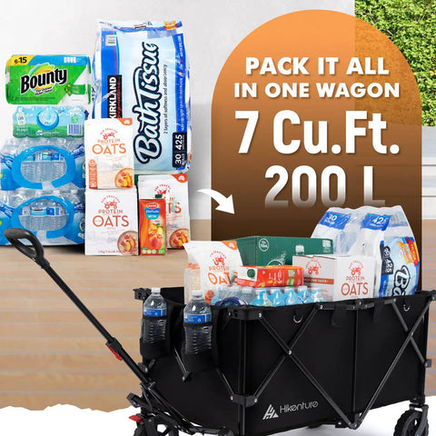 Collapsible Wagon With 330 Lbs Capacity, Extra Large 200L Cargo Space loaded with groceries and supplies, black, all-terrain wheels