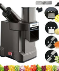 Front view of Amazon 4-in-1 electric vegetable slicer and chopper with dual feed chutes; gray plastic body.