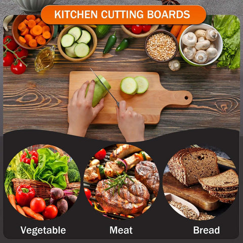 AWIZOM 6-piece bamboo cutting boards set, 11x5 in, 0.39 in thick, front view with cucumber being sliced