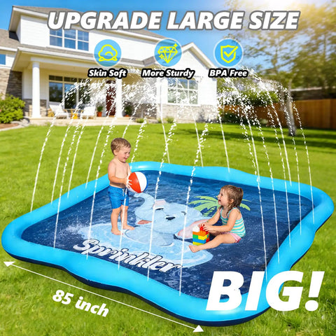 Backyard Splash Pad Sprinkler For Kids And Dogs With An 85 Inch Thickened Square Play Mat Built For Toddlers Aged One To Three Epic Water Fun Outdoor Pool Party Toy in use with children playing