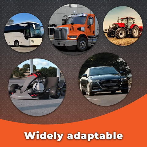Collage of vehicles: a bus, truck, tractor, go-kart, and car on an industrial textured background labeled 'Widely adaptable'.