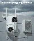 Outdoor Wireless Security Camera System With Dual Lens, 360 Degree Pan And Tilt, mounted in rain showing plug-in use