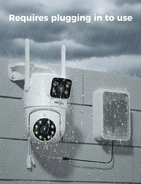 Outdoor Wireless Security Camera System With Dual Lens, 360 Degree Pan And Tilt, mounted in rain showing plug-in use