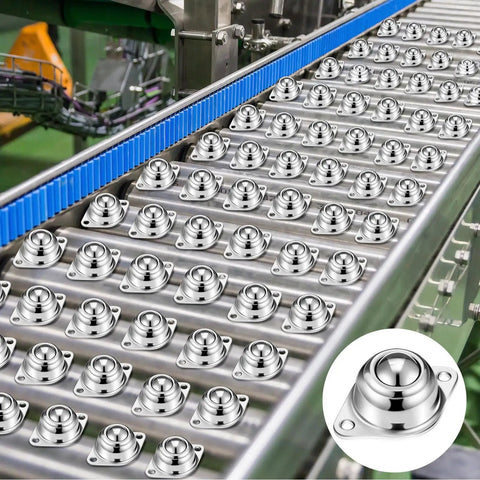 100 Pack 5/8 Inch Carbon Steel Ball Rollers Heavy Duty Caster Wheels for Conveyor Racks on a production line.