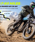 Rider on a powerful 1500W fat tire electric bike for adults with 34 MPH top speed on a rugged trail, showcasing 48V 20Ah battery use.