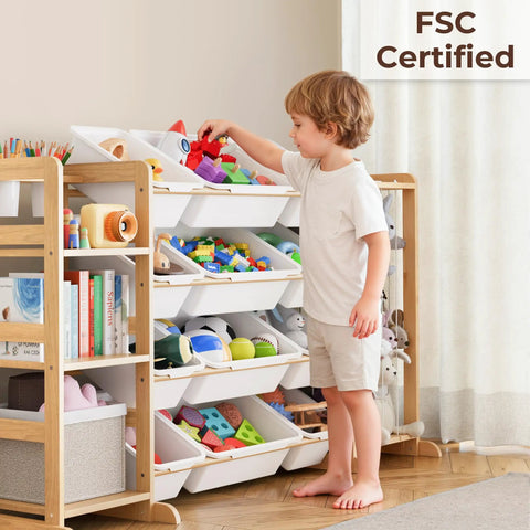 Child using Ultimate Toy Storage Organizer With Bookshelf And 12 Removable Bins For Kid's Playroom, shown in living room