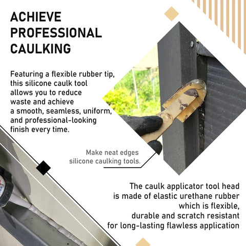 Pro Grade Silicone Caulking Tool Set Five Size Kit used on outdoor wall, showing flexible rubber tip for smooth seamless finish.