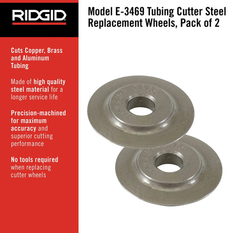 RIDGID Model E-3469 Steel Tubing Cutter Replacement Wheels 2-Pack for Aluminum and Copper Pipes, fits multiple models.