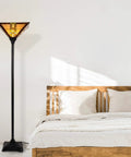Tiffany Style Floor Lamp With Mission Design Handcrafted Stained Glass Torchiere Lighting LED Bulb Included Vintage Look Accent Decor