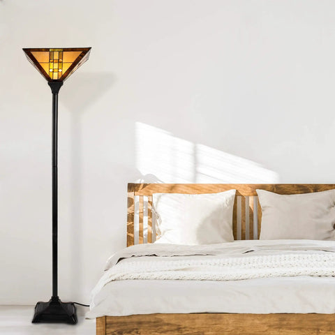 Tiffany Style Floor Lamp With Mission Design Handcrafted Stained Glass Torchiere Lighting LED Bulb Included Vintage Look Accent Decor