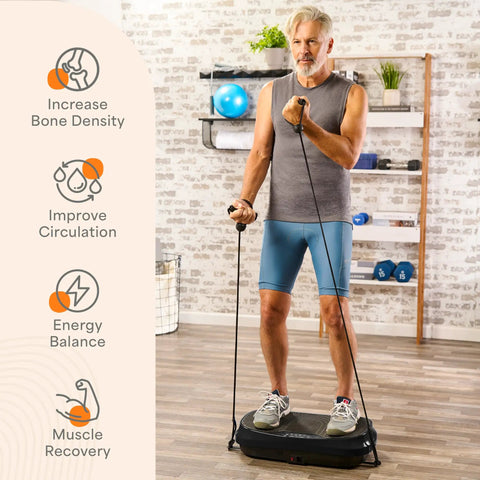 Man exercising on Waver Mini Vibration Plate For Full Body Toning And Lymphatic Drainage With Remote And Bands in home gym