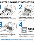 Printer cleaning kit instructions for essential maintenance with IPA cleaning card, adhesive card, and printhead swab.