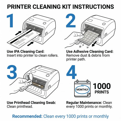 Printer cleaning kit instructions for essential maintenance with IPA cleaning card, adhesive card, and printhead swab.