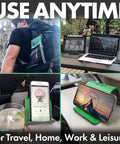 Collage of green portable phone holder used on backpack, desk, airplane tray, showcasing hands-free eye-level viewing.