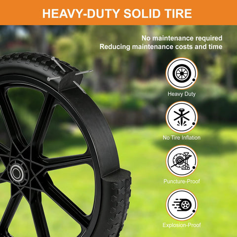 20-inch flat-free tire and wheel for wheelbarrow, heavy-duty black solid tire on a black alloy wheel with spokes 2-pack