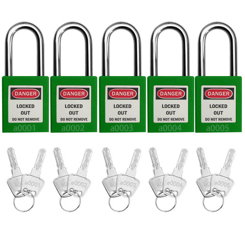 Top Tier Five Piece Lockout Tagout Padlock Kit Featuring Bright Green Heavy Duty Gear And Dead Reliable Key Alike Design Packed With Twin Backup Keys For Lazy Shutdown Days