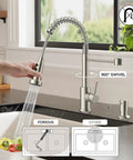 Modern Brushed Nickel Kitchen Sink Faucet Featuring A Three Mode Sprayer And Single Handle Design For Slick Daily Use Hella Durable Construction, 360-degree swivel and sleek design.