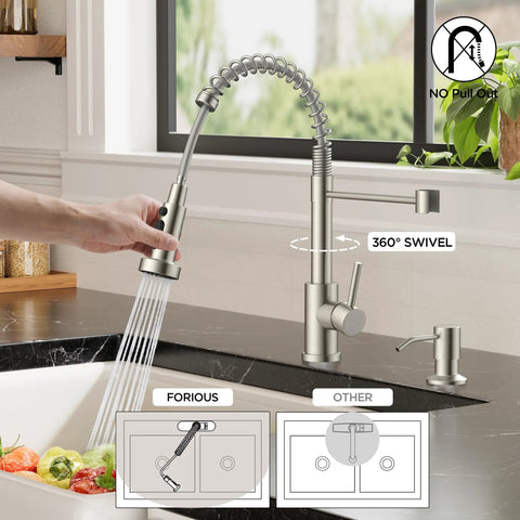 Modern Brushed Nickel Kitchen Sink Faucet Featuring A Three Mode Sprayer And Single Handle Design For Slick Daily Use Hella Durable Construction, 360-degree swivel and sleek design.