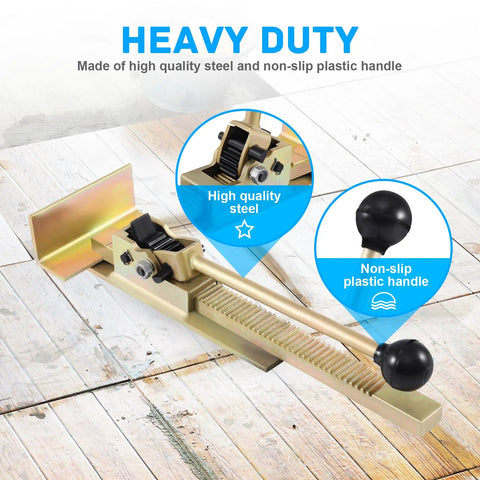 Heavy Duty Flooring Jack For Hardwood, Laminate, And Tile Installations with Ratchet Mechanism on wooden floor.