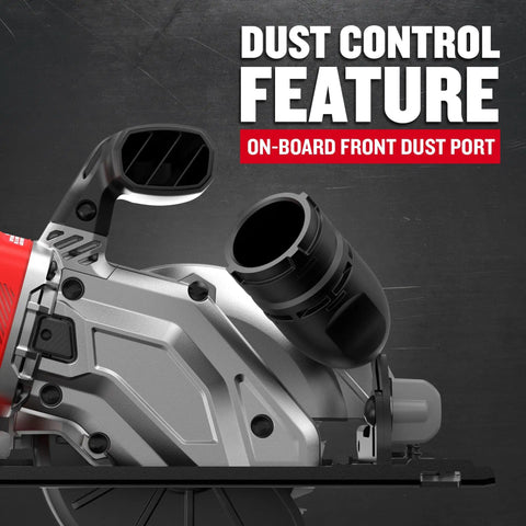 Close-up of the front dust port on the Heavy Duty 4.5 Inch Cordless Circular Saw With Brushless Motor Punching Up To 4500 Rpm.