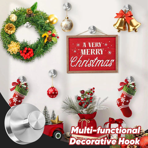 Removable Suction Cup Hooks For Shower And Bathroom Wall showcasing Christmas decorations on white wall with festive wreaths and bells.