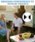 Couple sitting beside RV with Magnetic Door Catch Kit for RVs and Campers Black Door Stopper visible on door