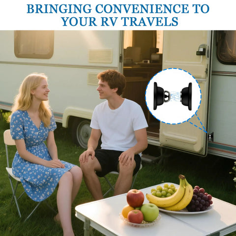 Couple sitting beside RV with Magnetic Door Catch Kit for RVs and Campers Black Door Stopper visible on door