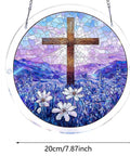 Floral Branches Acrylic Puzzle Sun Catcher For Doors And Windows Two In One Puzzle And Hanging Ornament Kit Easy To Assemble For Stress Relief And DIY Home Decor Blue For Adults showing blue flowers and a cross design.
